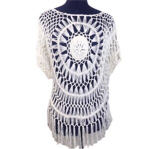 White Knit Crochet Fringe Boho Hippie Short Sleeve Top
